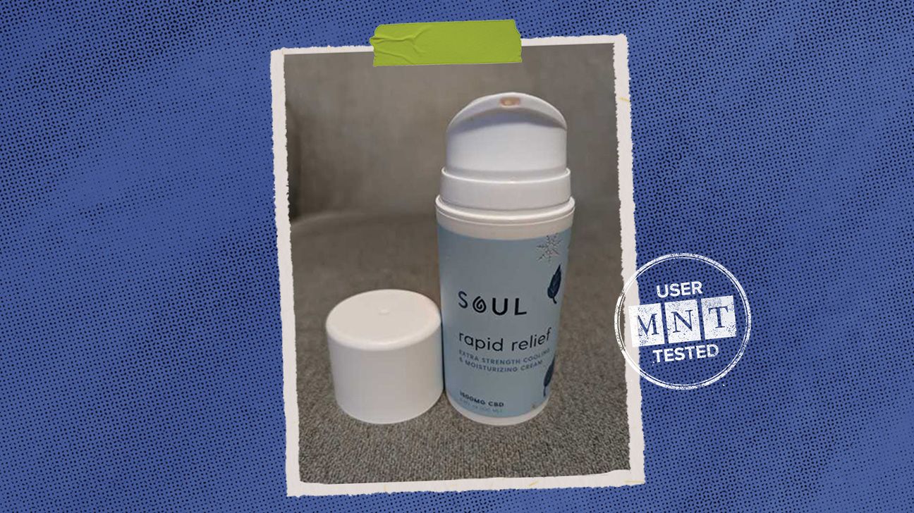 tester review photo of Soul CBD balm by Margaret McMurray, isolated over blue background..