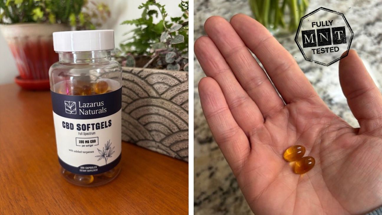 Tester photos of Lazarus Naturals CBD softgels.