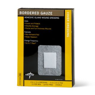 Medline Sterile Bordered Gauze Adhesive Island Wound Dressing, 4" x 5" with 2" x 2.5" Pad - 15 ct