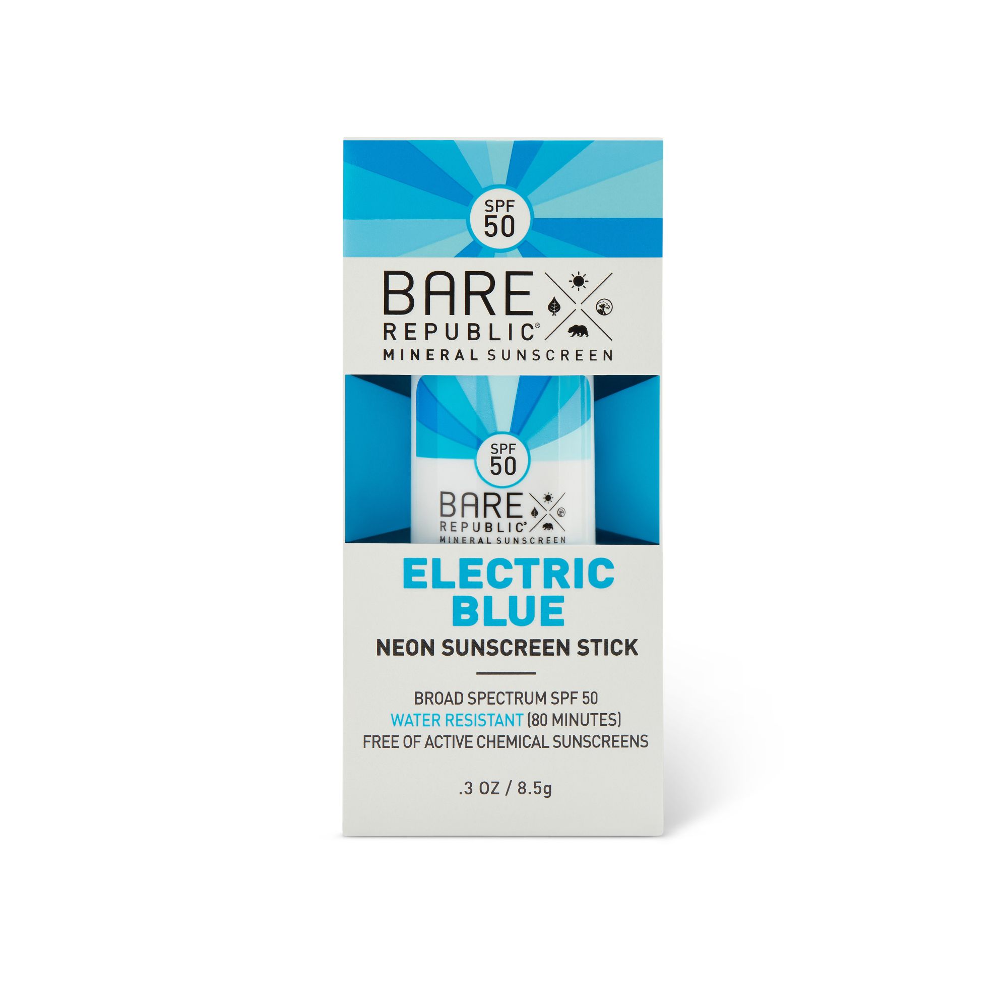 Bare Republic Mineral Sunscreen Neon Stick, Blazing Blue, SPF 50 - 0.3 oz