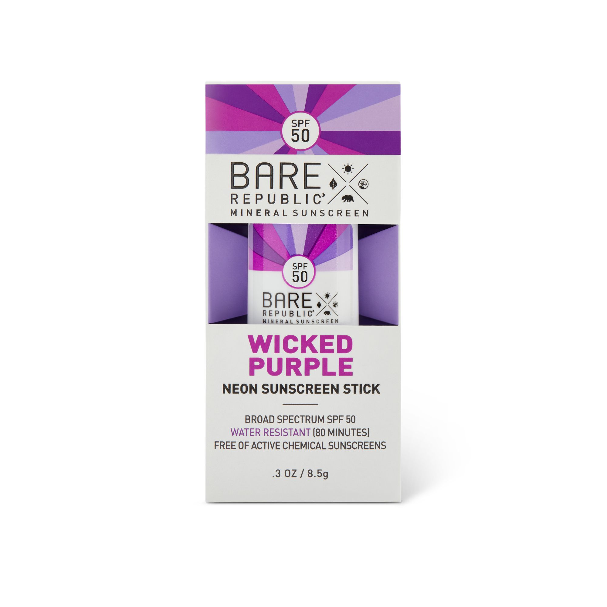 Bare Republic Mineral Sunscreen Neon Stick, Wicked Purple, SPF 50 - 0.3 oz