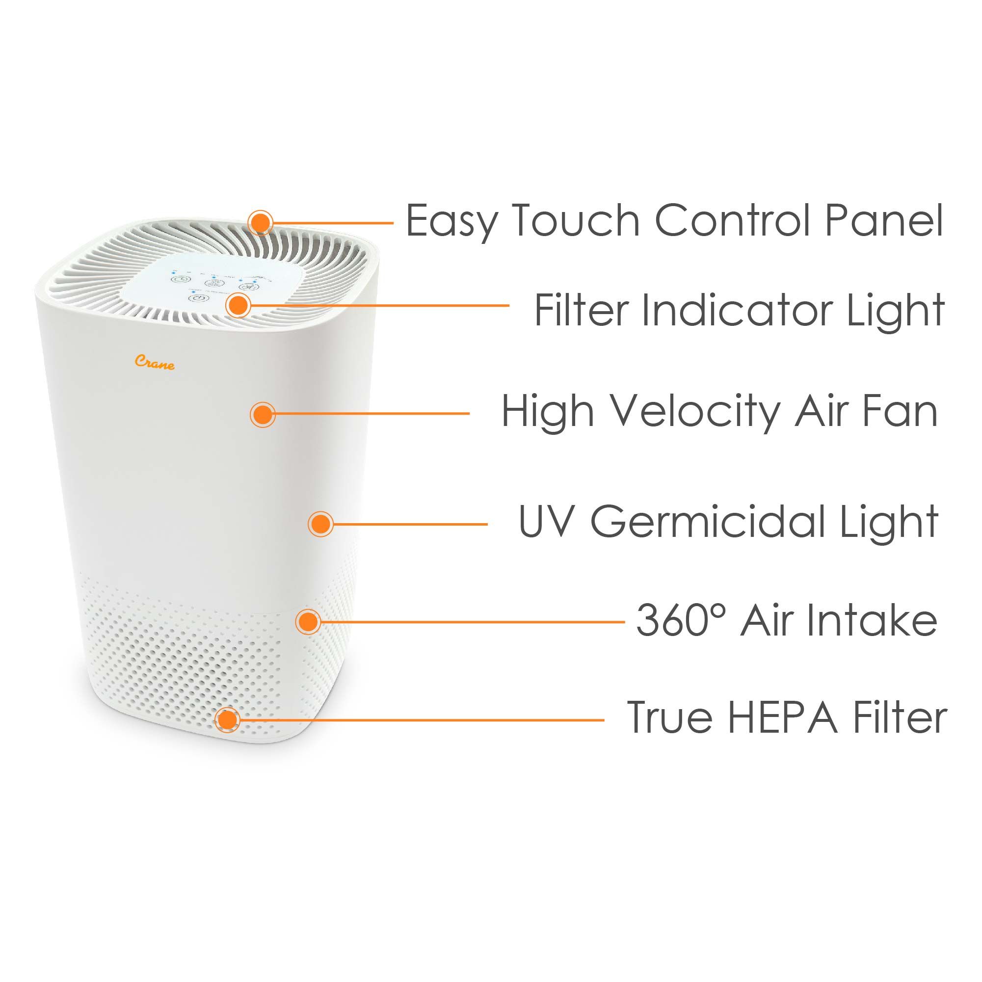 Crane HEPA Filter Air Purifier - White