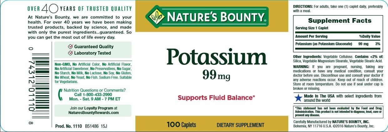 Nature's Bounty Potassium Gluconate 99 mg Caplets - 100 ct