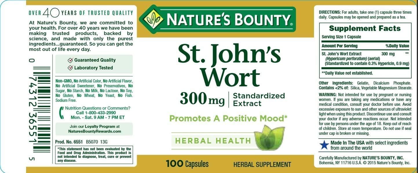 Nature's Bounty St. John's Wort 300 mg Capsules - 100 ct