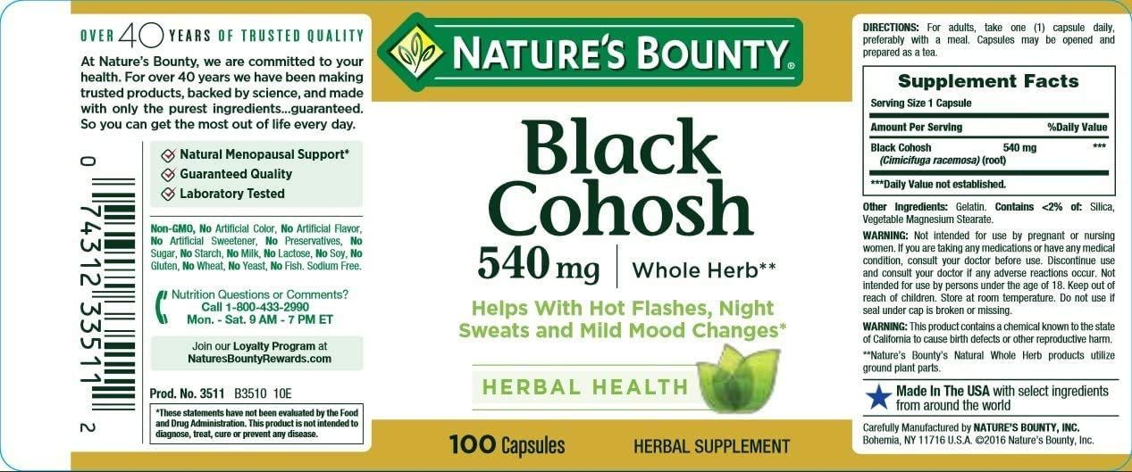 Nature's Bounty Black Cohosh 540 mg Capsules - 100 ct
