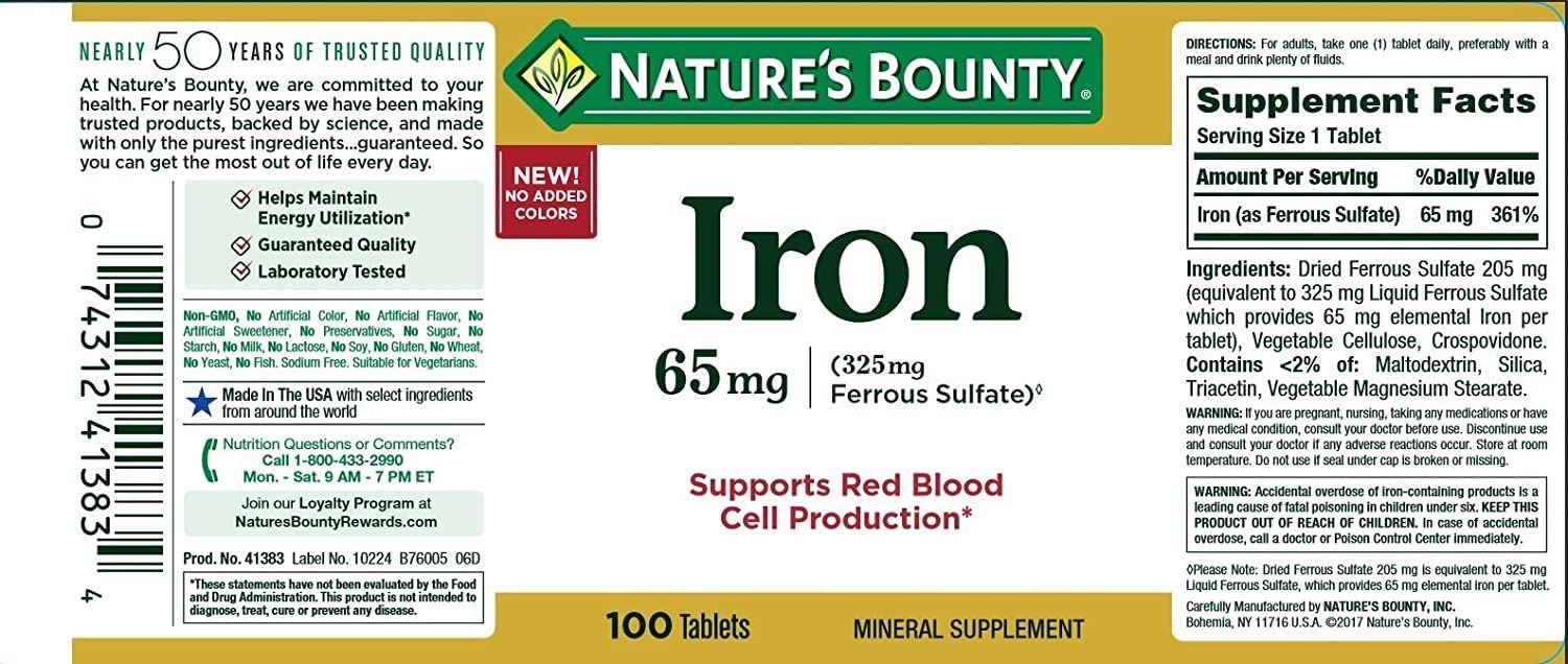 Nature's Bounty Iron 65 mg Tablets - 100 ct