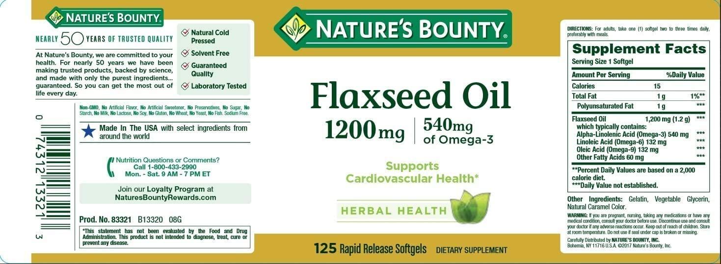 Nature's Bounty Flaxseed Oil 1200mg Softgels - 125 ct