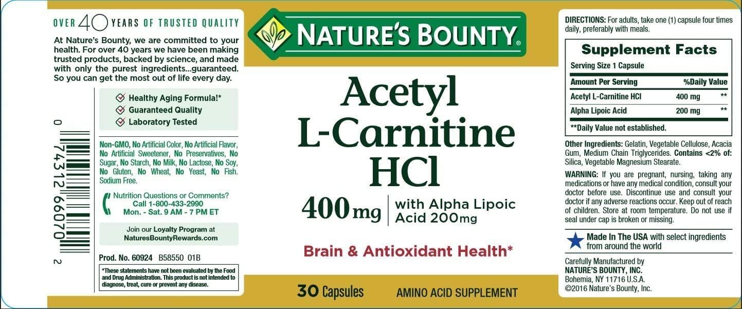 Nature's Bounty L-Carnitine 400 mg & ALA 200 mg Capsules - 30 ct