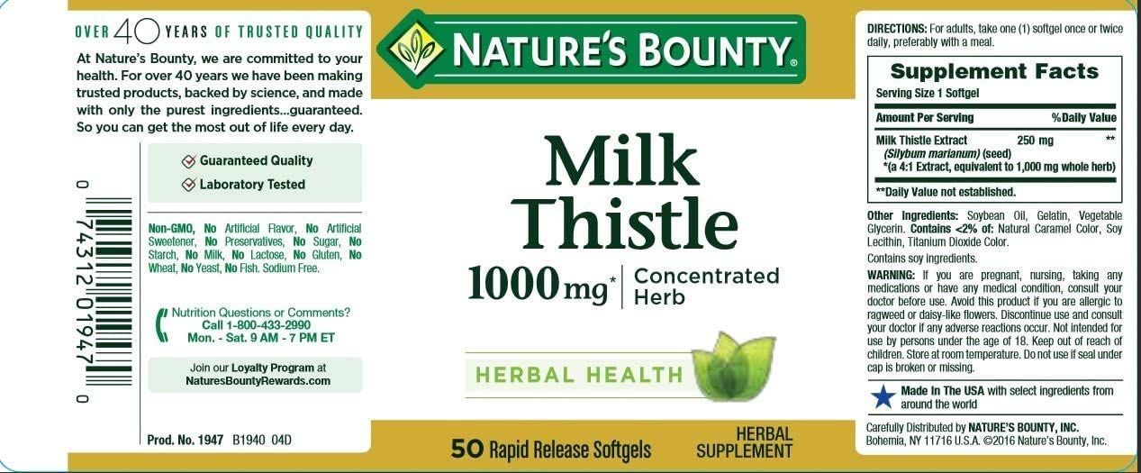 Nature's Bounty Milk Thistle 1000 mg Softgels - 50 ct