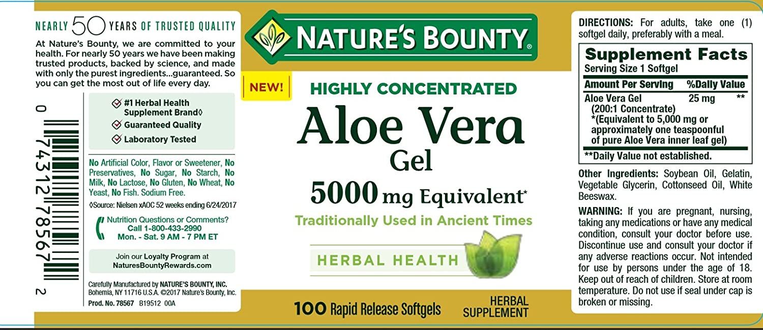 Nature's Bounty Aloe Vera Gel 5000 mg Softgels - 100 ct