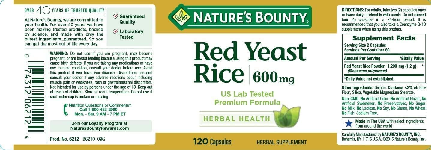 Nature's Bounty Red Yeast Rice 600 mg Capsules - 120 ct