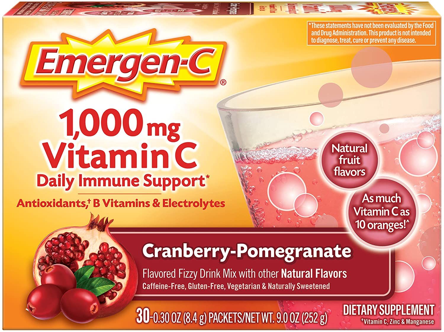 Emergen-C 1000 mg Vitamin C Fizzy Drink Mix, Cranberry Pomegranate- 30 ct