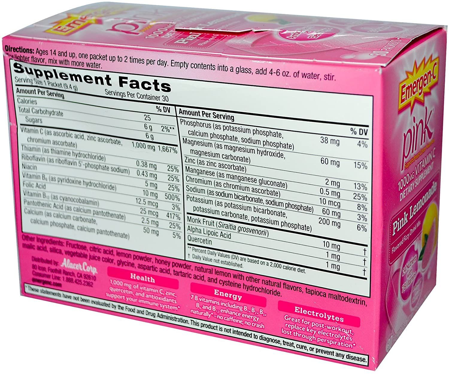 Emergen-C 1000 mg Vitamin C Fizzy Drink Mix, Pink Lemonade - 30 ct