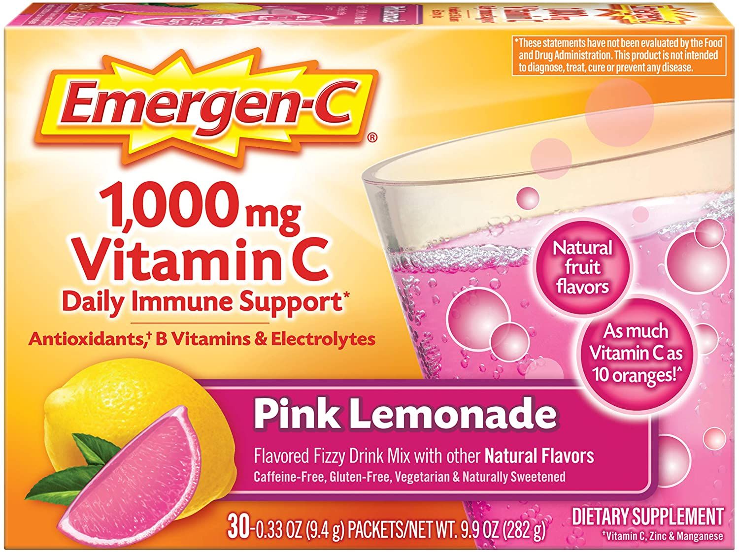 Emergen-C 1000 mg Vitamin C Fizzy Drink Mix, Pink Lemonade - 30 ct