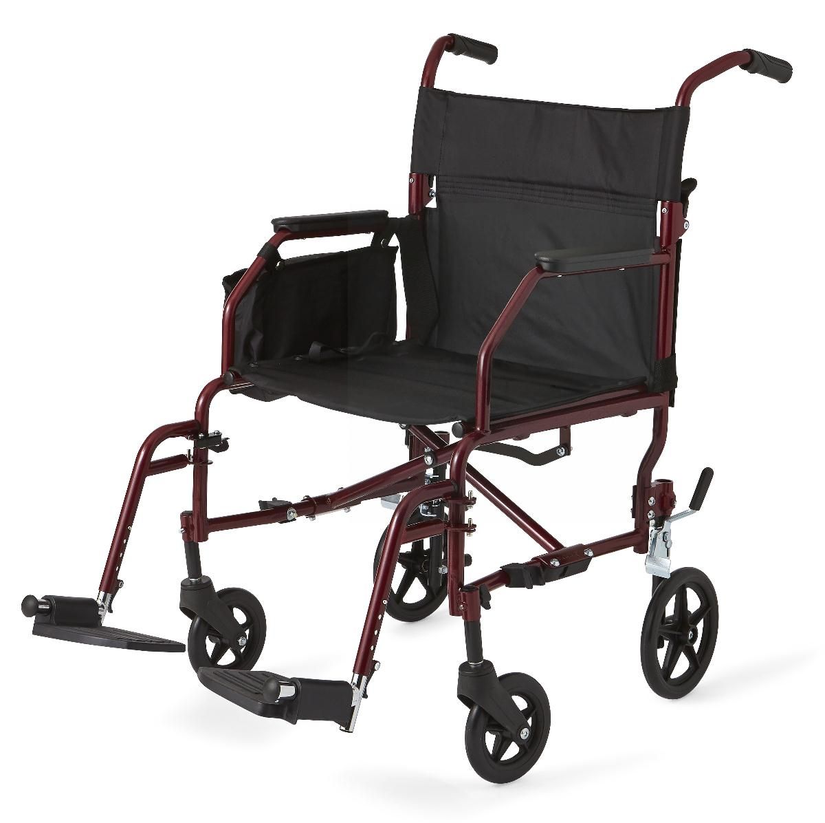 DISCMedline Ultralight Steel Transport Chair With Removable Wheels, Folding - Red
