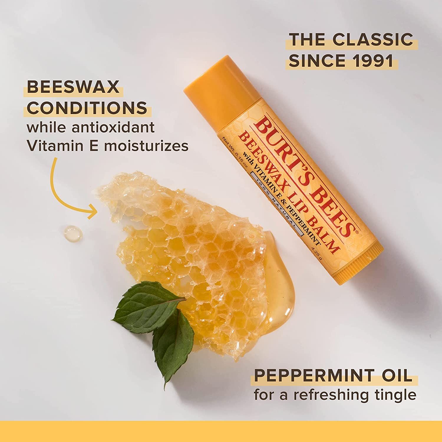 DISCBurt's Bees® 100% Natural Moisturizing Lip Balm, Original Beeswax with Vitamin E & Peppermint Oil - 4 ct