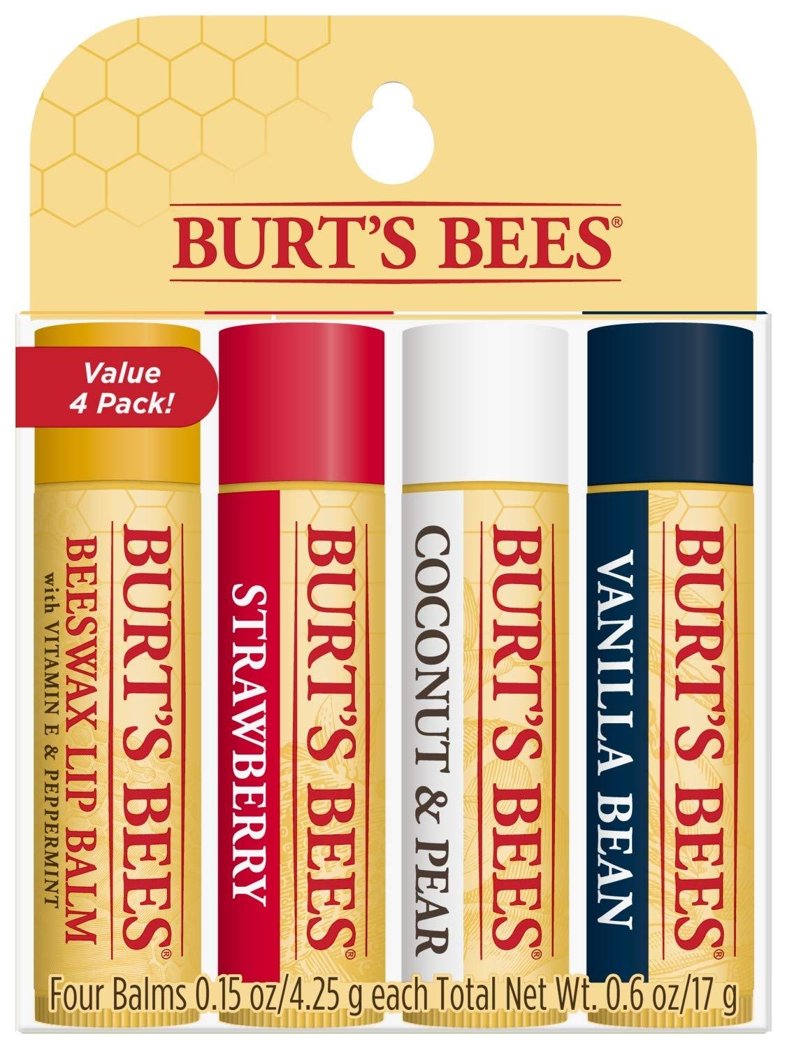DISCBurt's Bees® 100% Natural Moisturizing Lip Balm,  Original Beeswax, Strawberry, Coconut & Pear & Vanilla Bean with Beeswax & Fruit Extracts - 4 ct