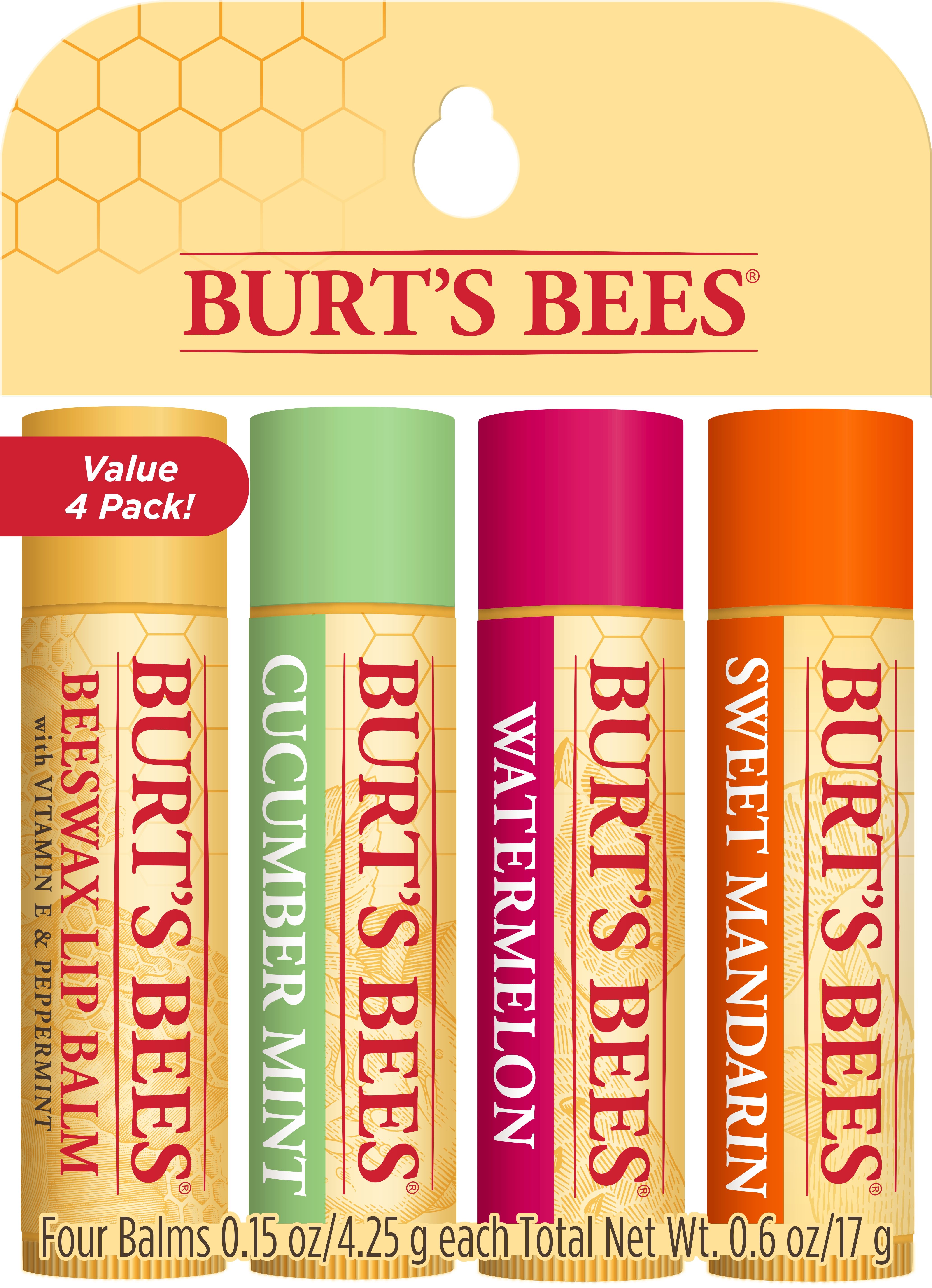 DISCBurt's Bees® 100% Natural Moisturizing Lip Balm, Freshly Picked Beeswax, Cucumber Mint, Watermelon, & Sweet Mandarin - 4 ct