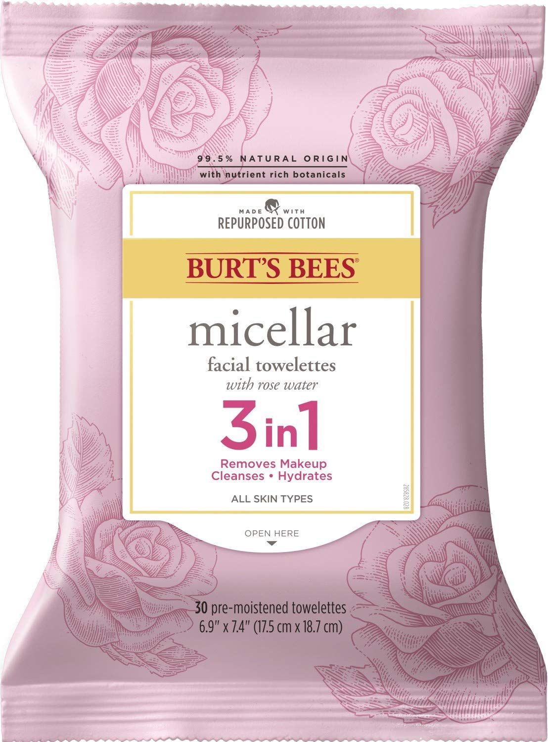 DISCBurt’s Bees® 3 in 1 Micellar Facial Cleanser Towelettes & Makeup Remover Wipes with Rose Water - 30 ct