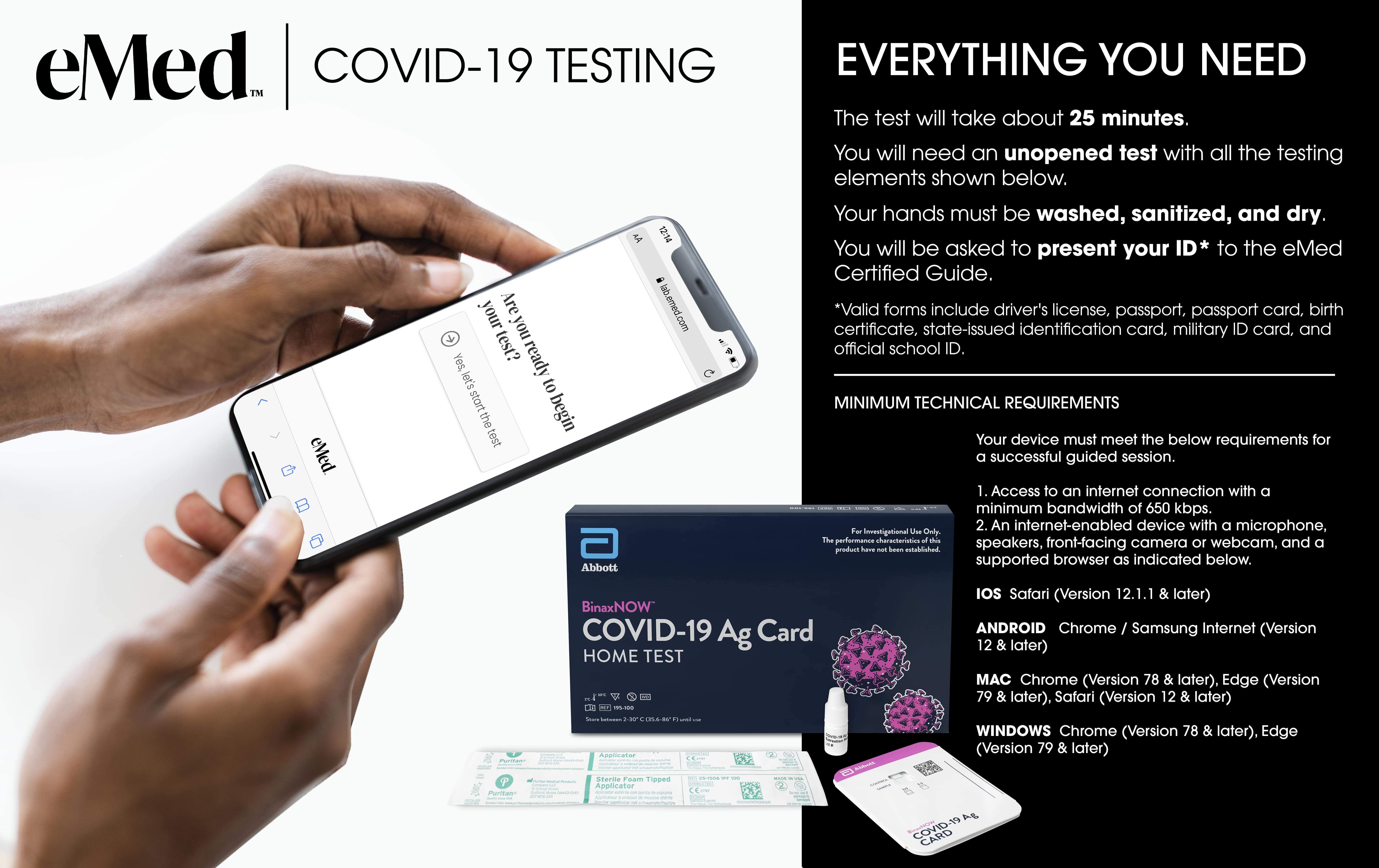 DISCAbbott BinaxNOW™ COVID-19 Ag Card Home Test with eMed Telehealth Services for Travel - 3 Pack