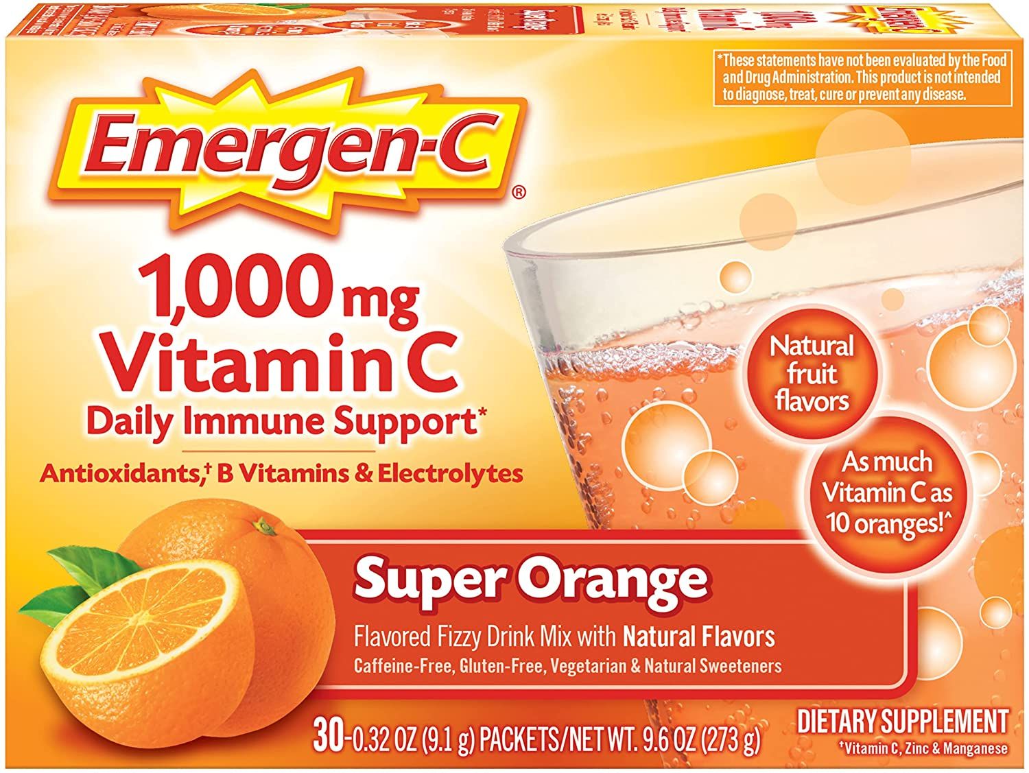 Emergen-C  Vitamin C Immune Support Drink Mix, 1000 mg, Super Orange - 30 ct