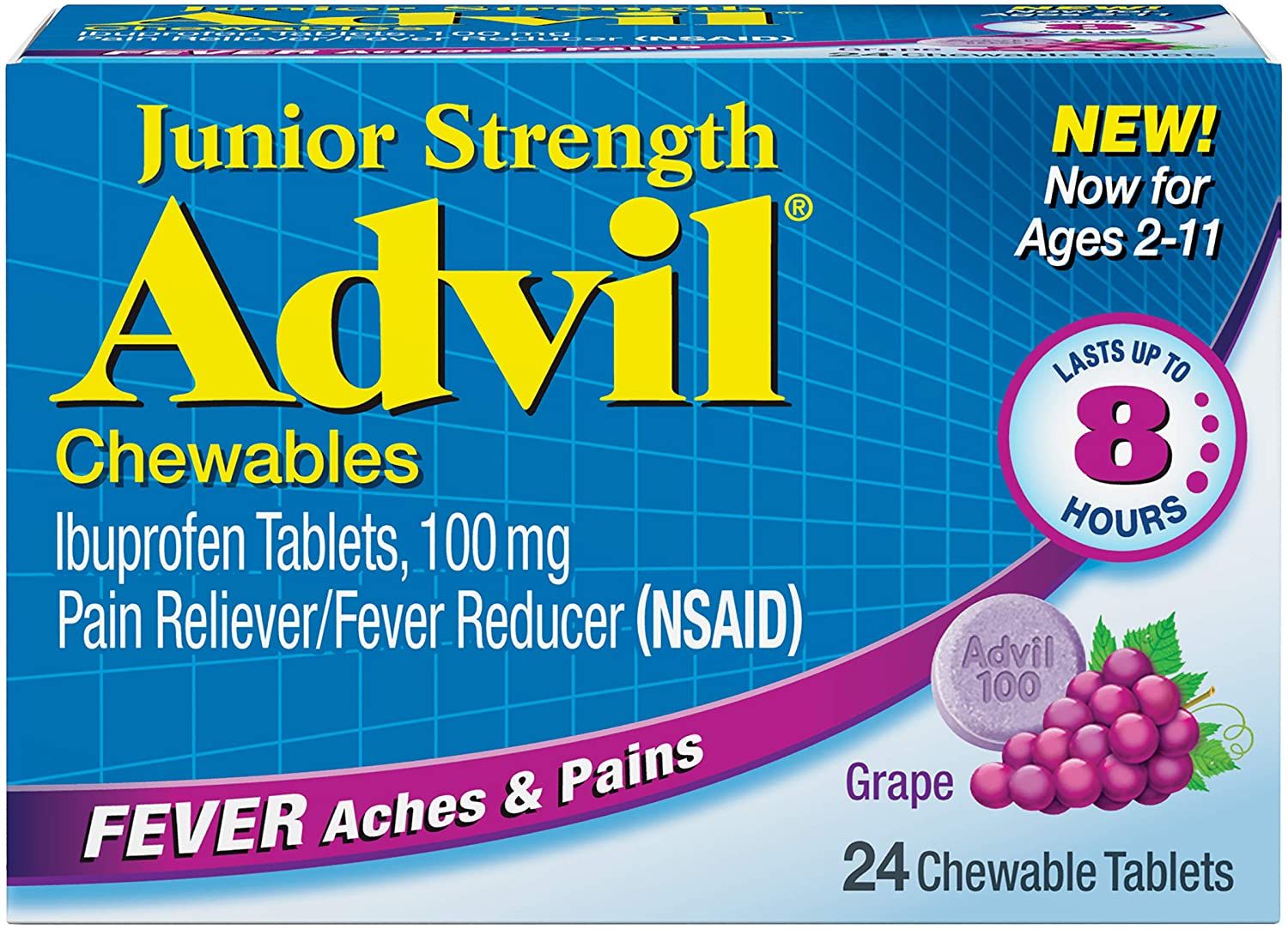 Advil Junior Strength Chewable Tablets, Grape, 100 mg - 24 ct
