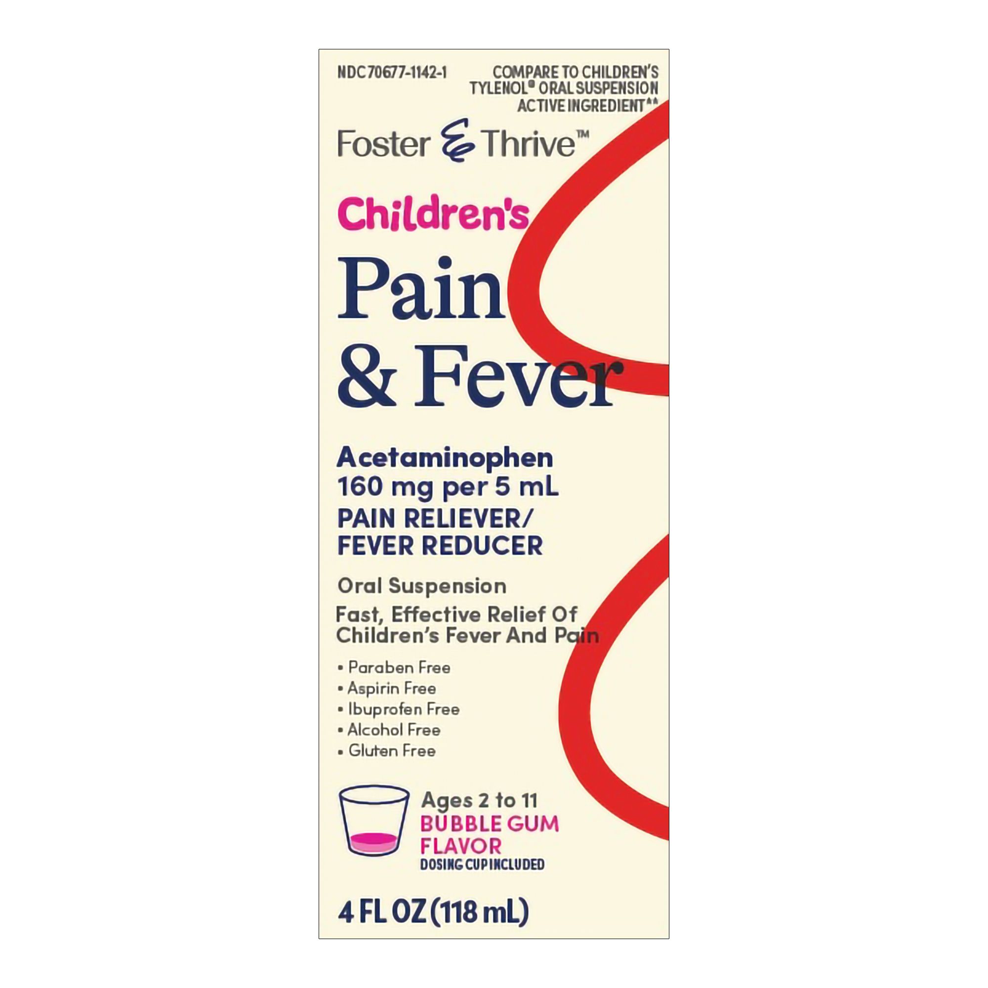 Foster & Thrive Children's Pain & Fever Acetaminophen, 160 mg,  Bubble Gum - 4 fl oz