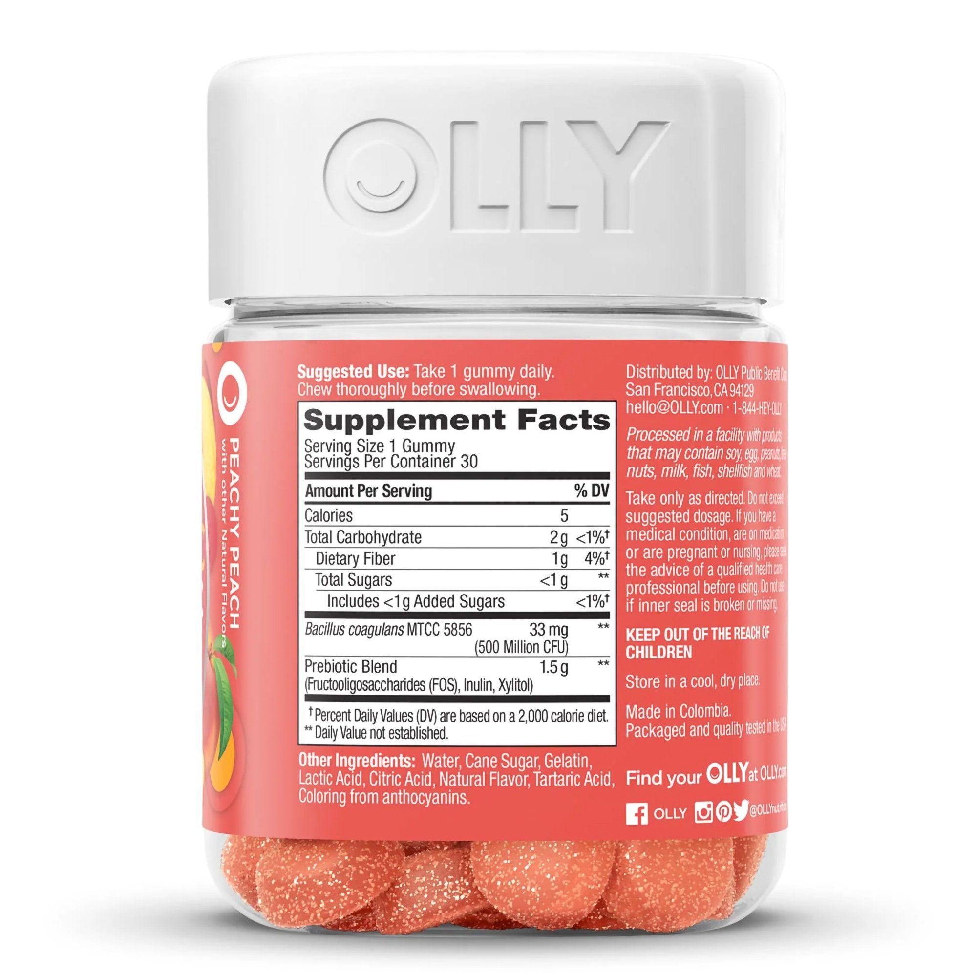 OLLY Probiotic + Prebiotic Gummy, Digestive + Gut Health,  Peachy Peach - 30 ct