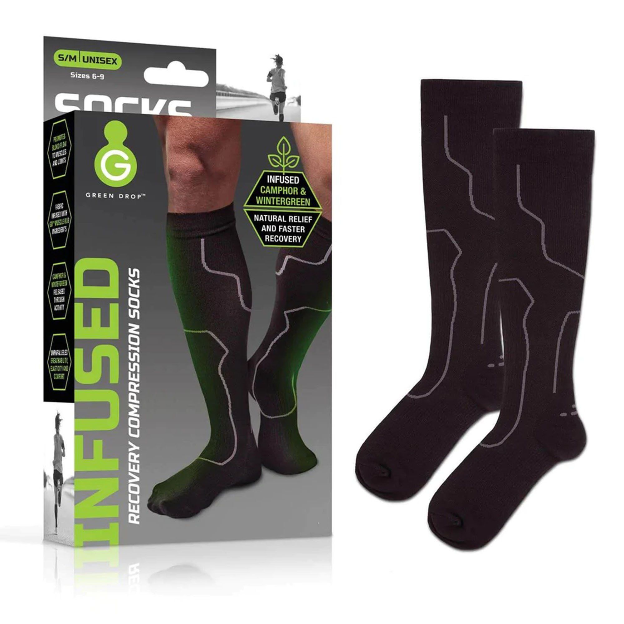 Green Drop Infused Recovery Compression Socks, Black - Small/Medium