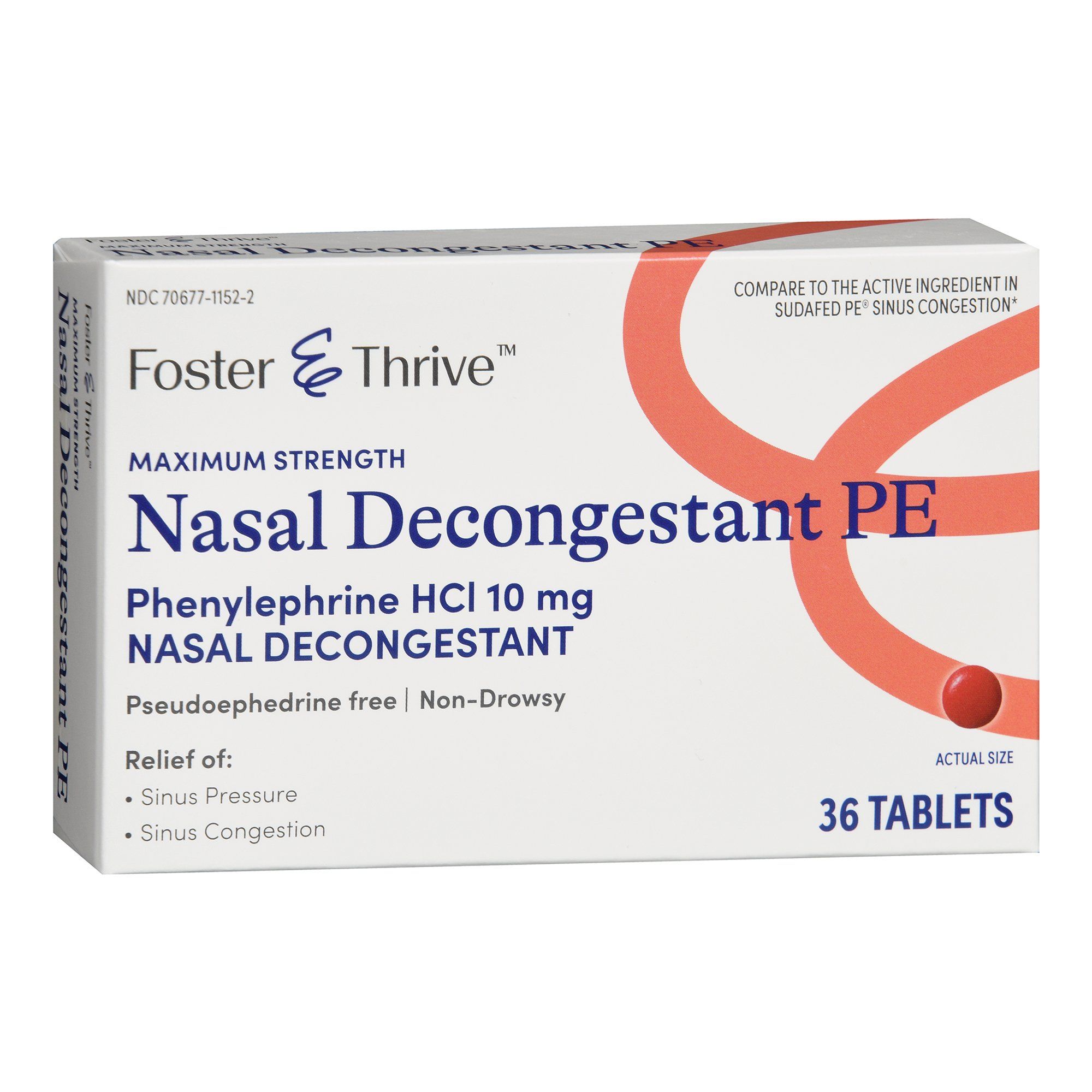 Foster & Thrive Maximum Strength Nasal Decongestant PE Phenylephrine HCl Tablets, 10 mg -  36 ct