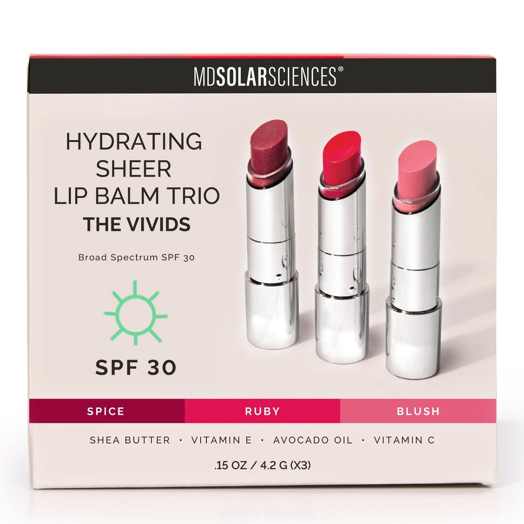 MDSolarSciences Hydrating Sheer Lip Balm Trio (The Vivids), Spice, Ruby, Blush - SPF 30