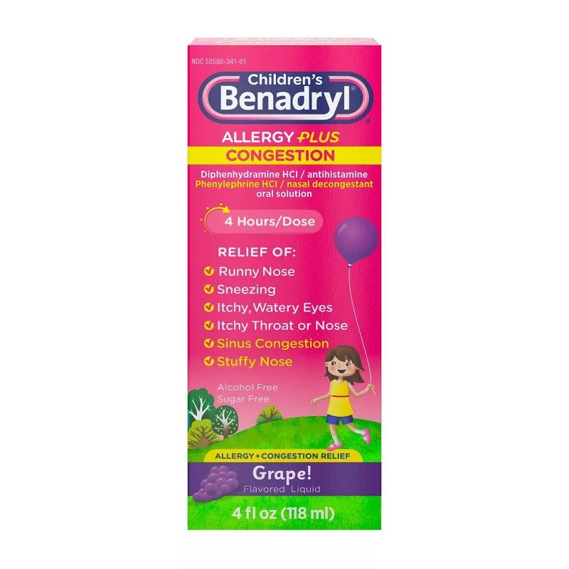 Children's Benadryl Allergy Plus Congestion Relief Liquid, Grape - 4 fl oz