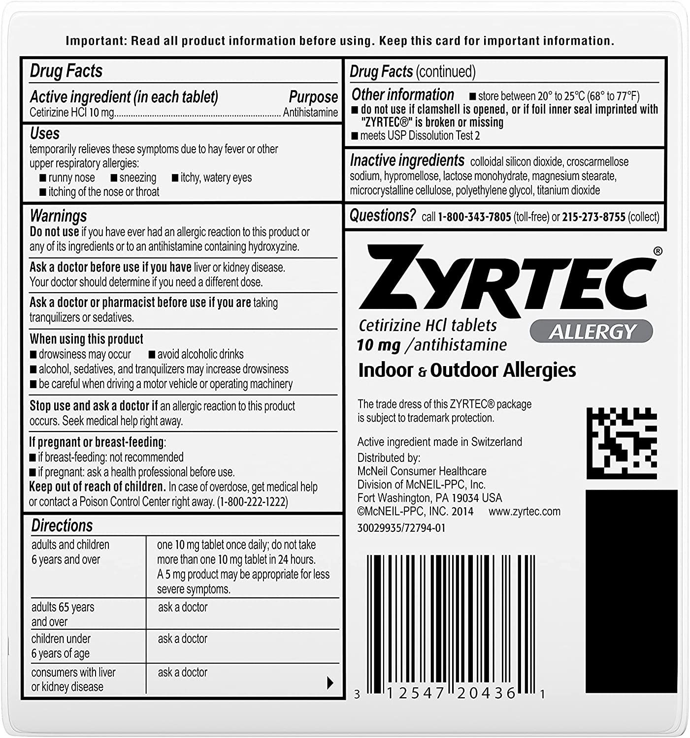 Zyrtec 24 Hour Allergy Relief Antihistamine Tablets, 10 mg - 30 ct