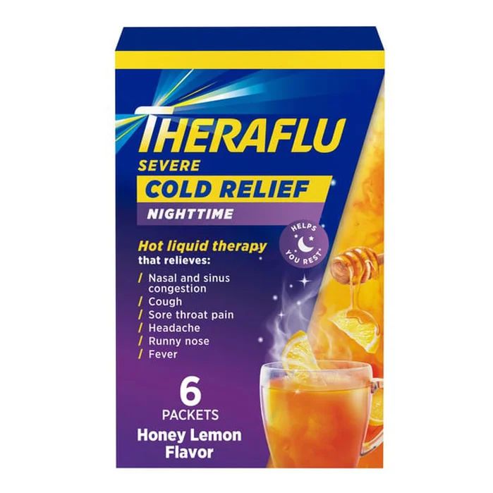 Theraflu Nighttime Multi-Symptom Severe Cold Powder, White Tea & Honey Lemon - 6 ct