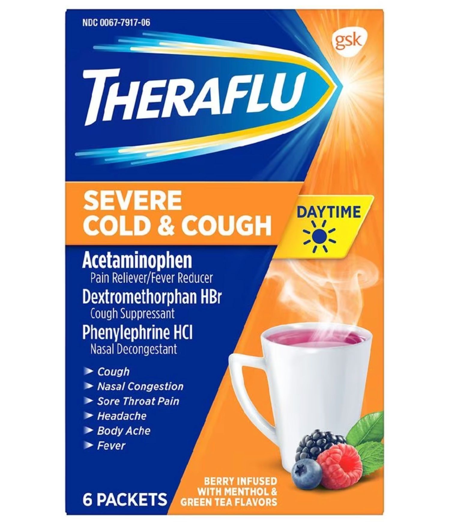 Theraflu Daytime Severe Cold & Cough Medicine, Berry - 6 packets