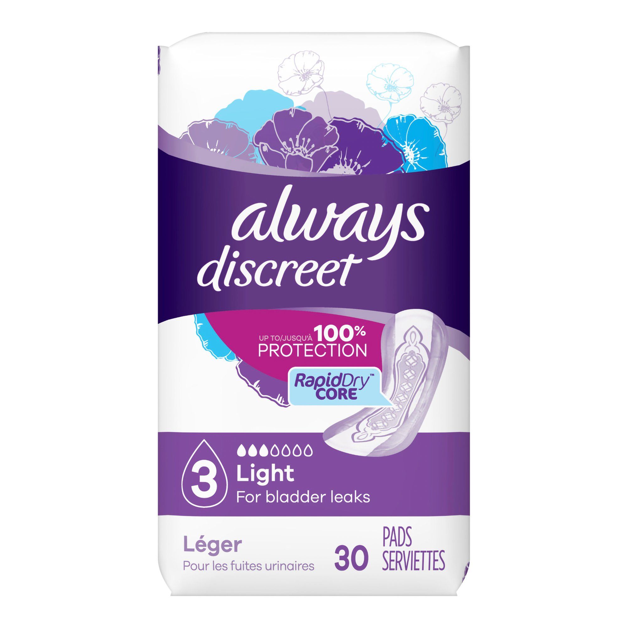 Always Discreet Incontinence & Postpartum Pads, Light - 30 ct