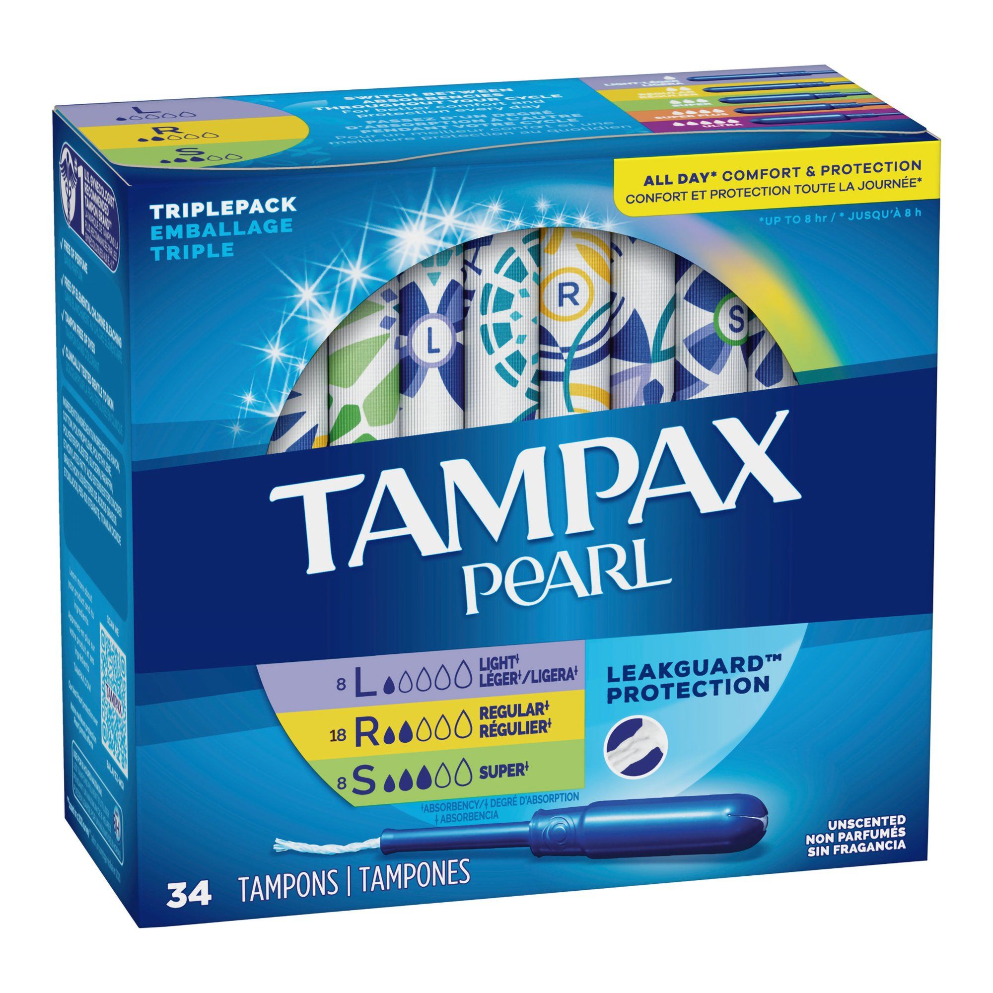 Tampax Pearl Tampons Trio Pack Light Regular Super Unscented 34 ct