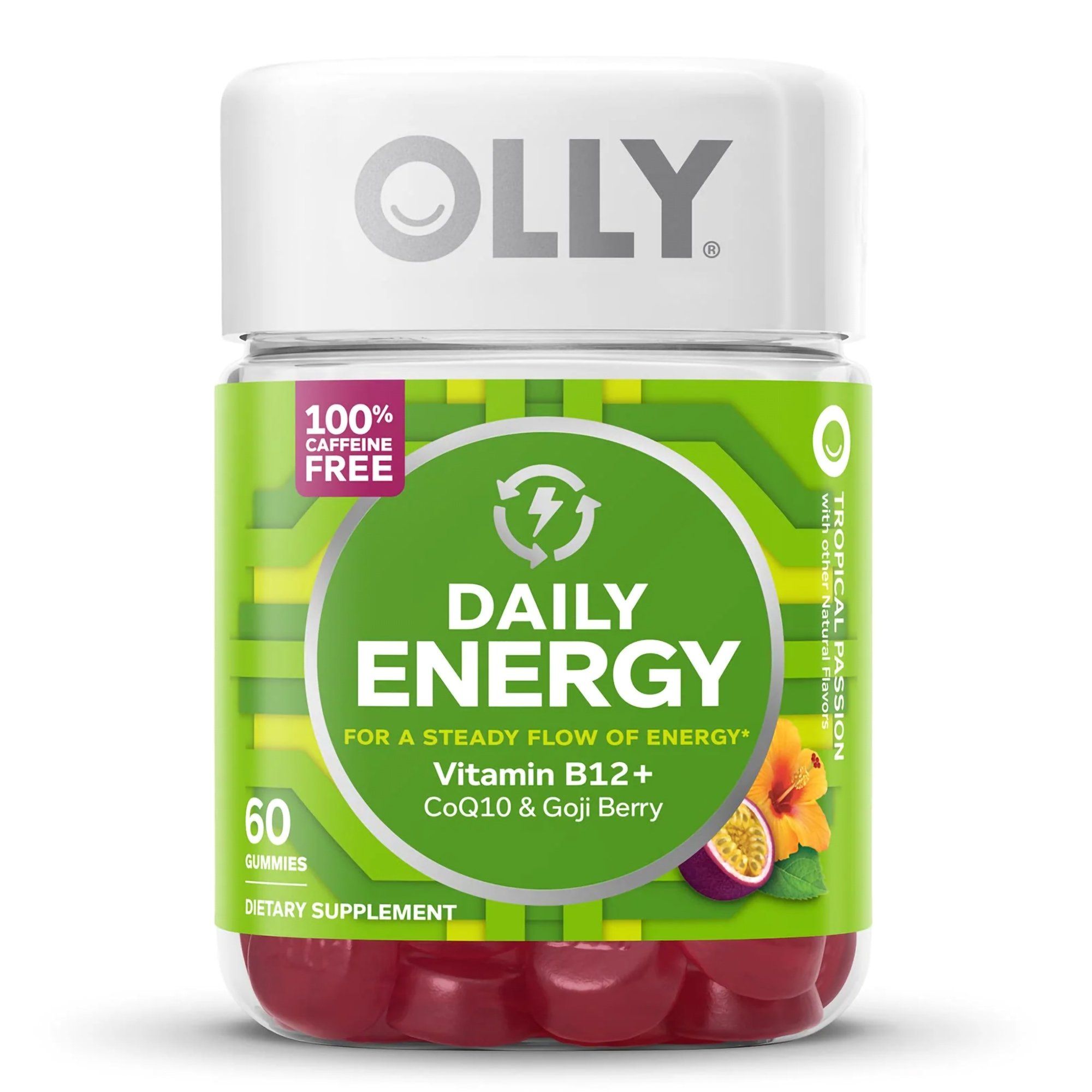 OLLY Daily Energy Gummy with CoQ10, B12 & Goji Berry, Caffeine Free, Tropical Passion - 60 ct