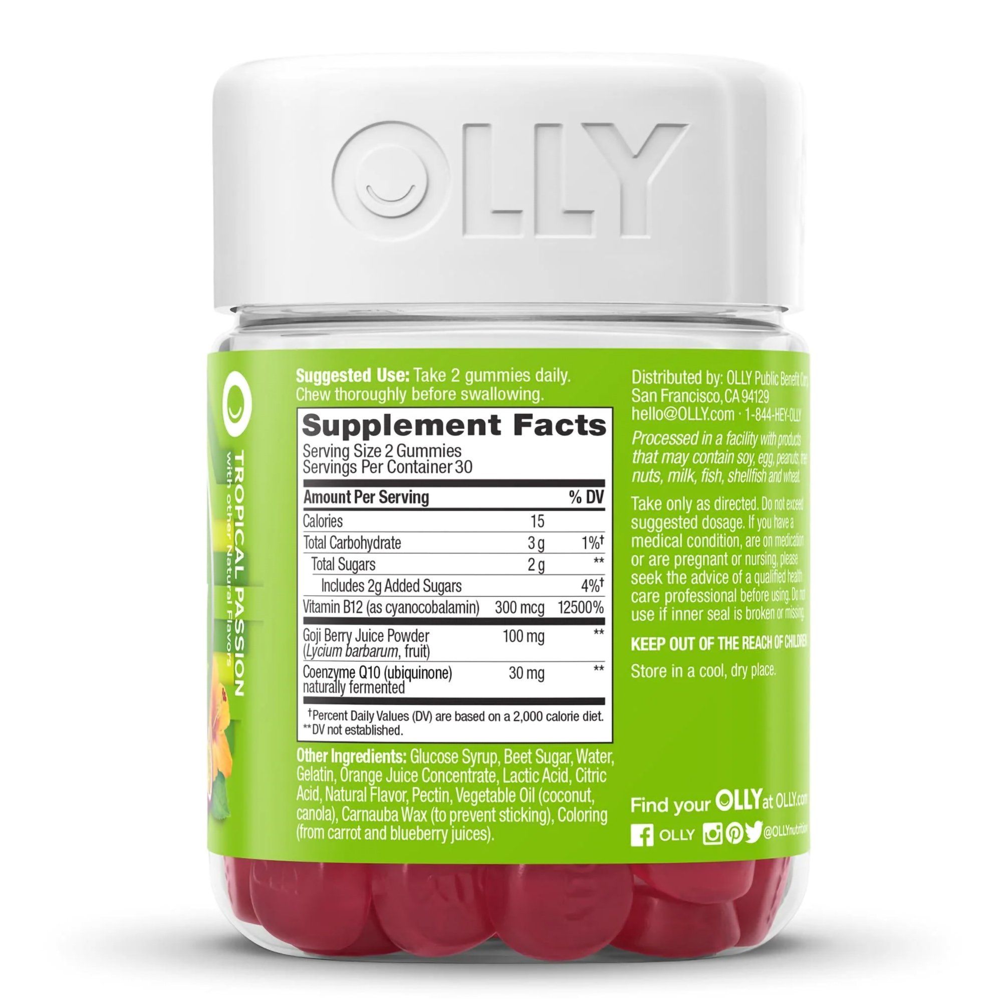 OLLY Daily Energy Gummy with CoQ10, B12 & Goji Berry, Caffeine Free, Tropical Passion - 60 ct