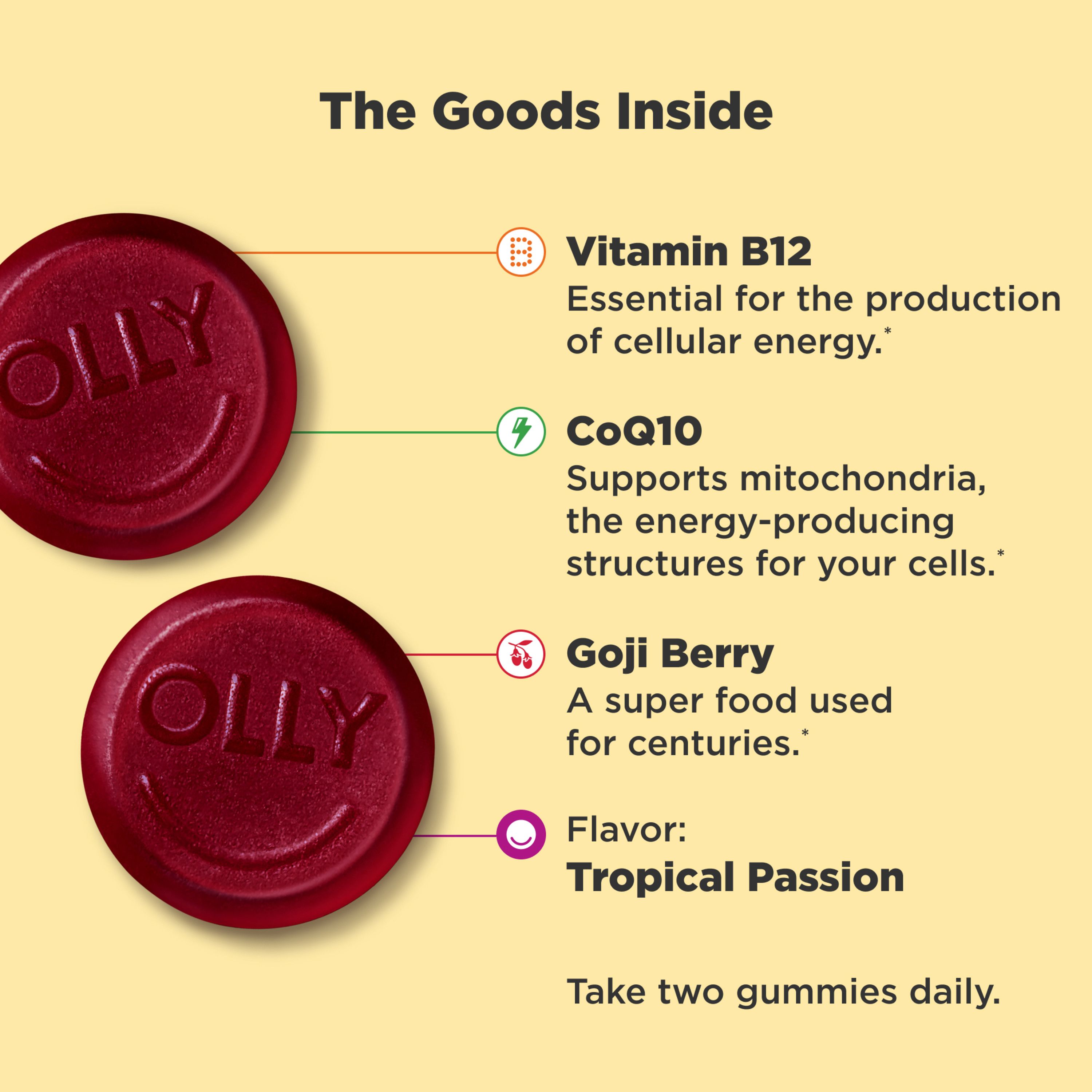 OLLY Daily Energy Gummy with CoQ10, B12 & Goji Berry, Caffeine Free, Tropical Passion - 60 ct