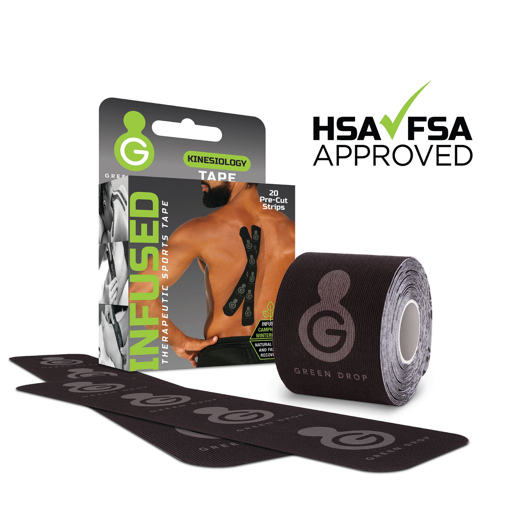 Green Drop Pre Cut Kinesiology Tape - Black