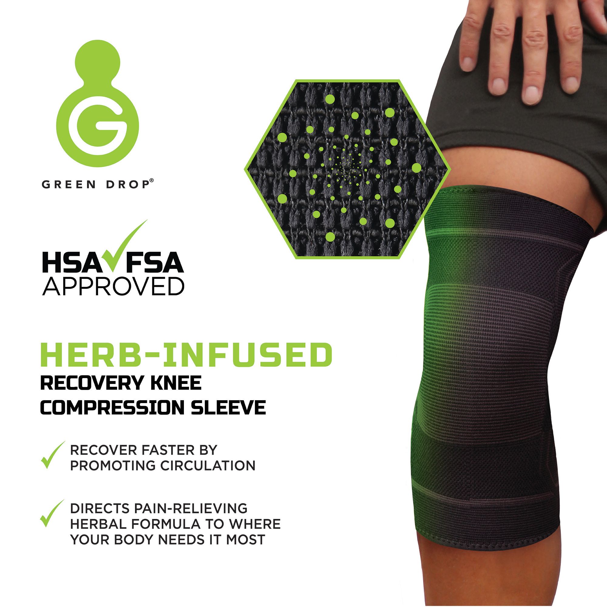 Green Drop Infused Recovery Compression Knee Sleeve, Black - Small/Medium