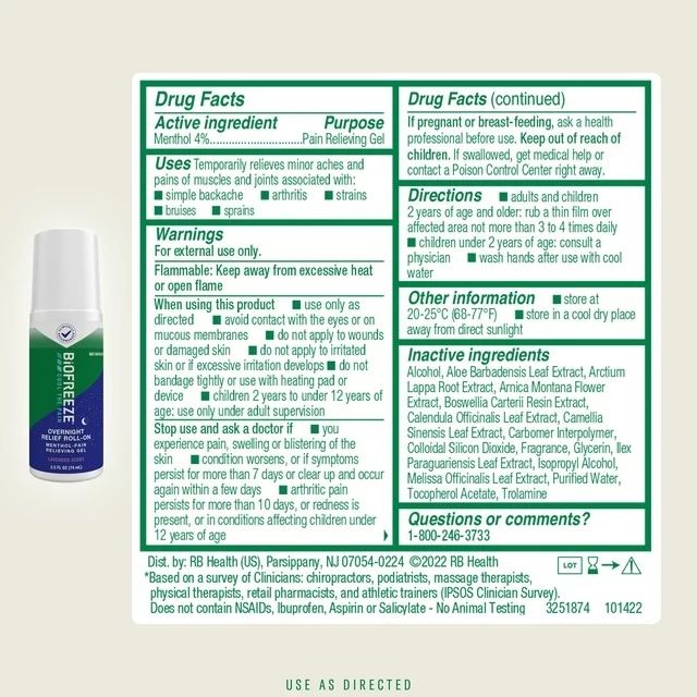 Biofreeze Menthol Overnight Pain Relieving Roll-On Gel, Lavender Scent - 2.5 fl oz