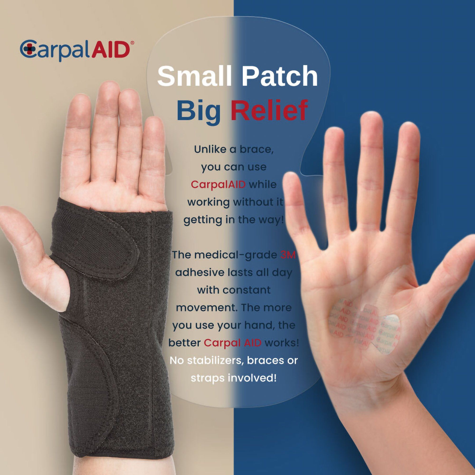 Carpal AID Clear Adhesive Hand-Based Carpal Tunnel Support Patches, Universal -  One Size Fits Most - 6 ct