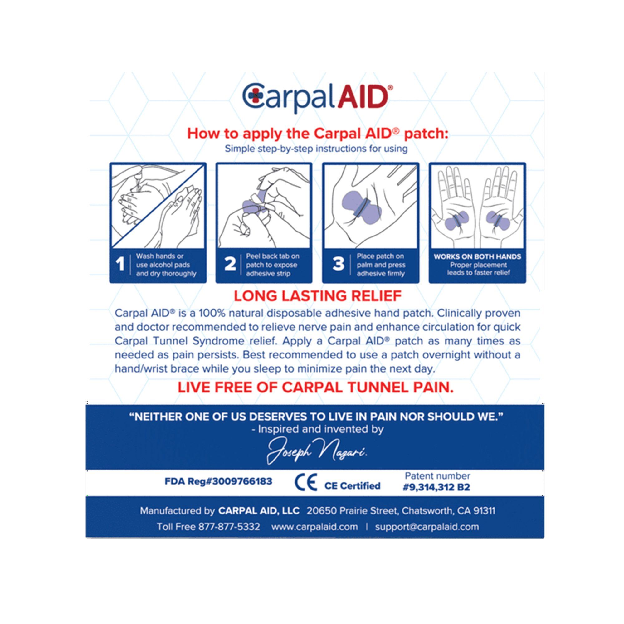 Carpal AID Clear Adhesive Hand-Based Carpal Tunnel Support Patches, Universal -  One Size Fits Most - 6 ct