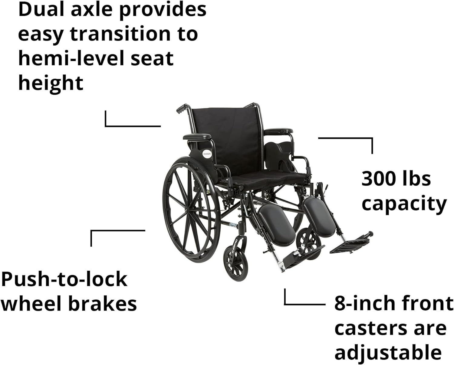 McKesson Lightweight Wheelchair with Flip Back Padded Removable Arm & Swing-Away Elevating Footrest - 300 lbs Capacity