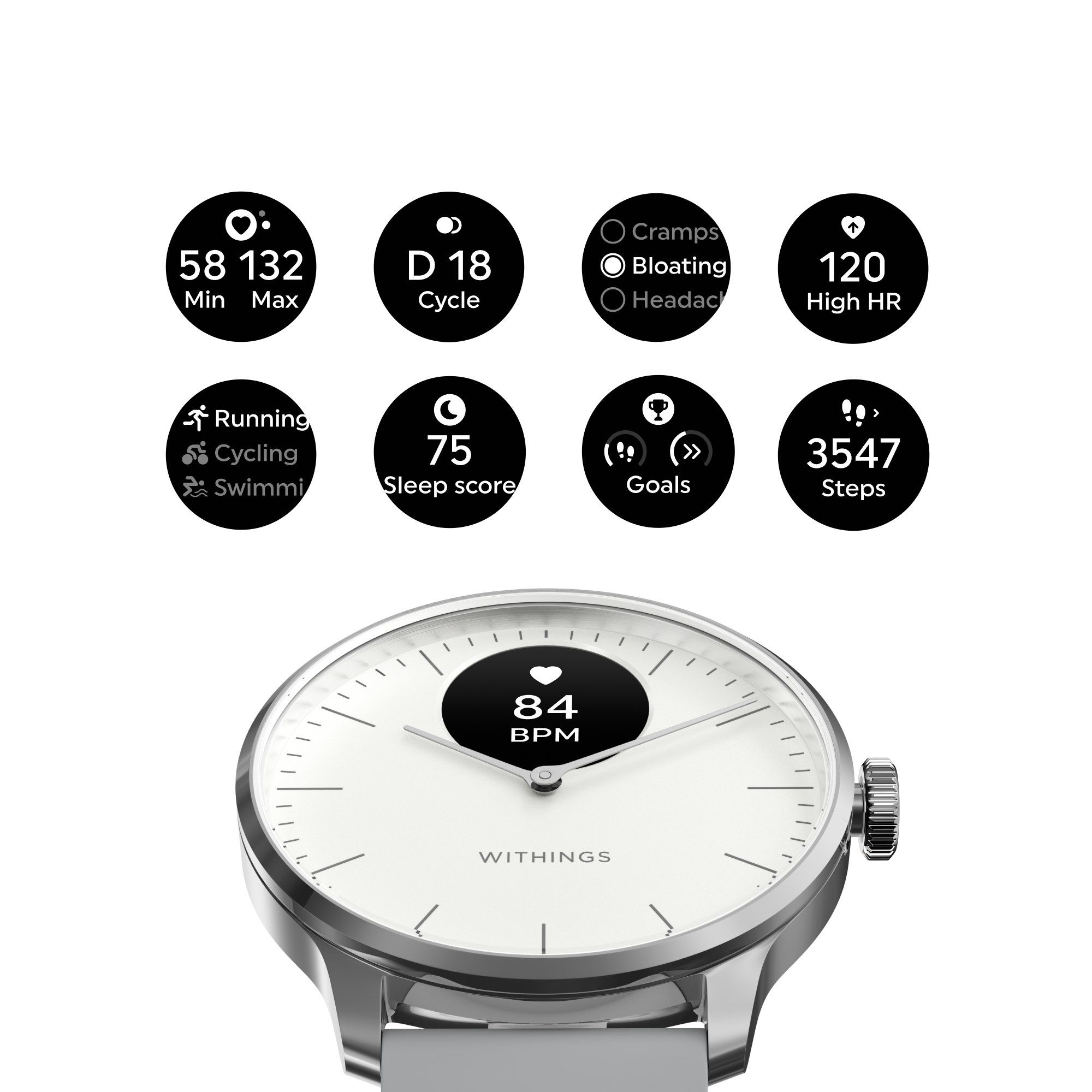 Withings ScanWatch Light - Daily Health Hybrid Smartwatch, 37mm - White/Silver