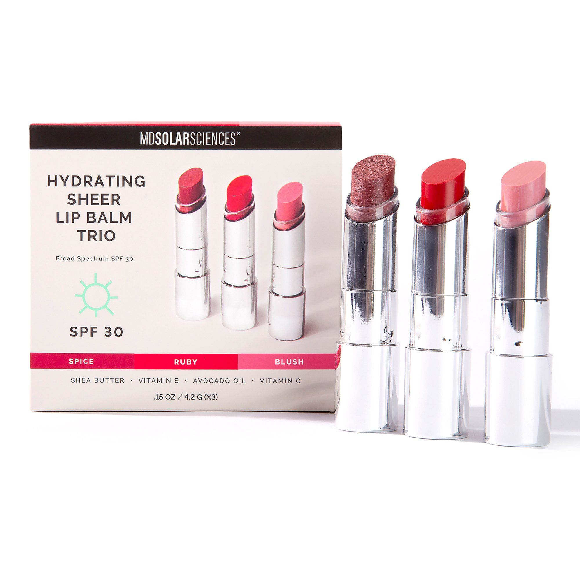 MDSolarSciences Hydrating Sheer Lip Balm Trio (The Vivids), Spice, Ruby, Blush - SPF 30