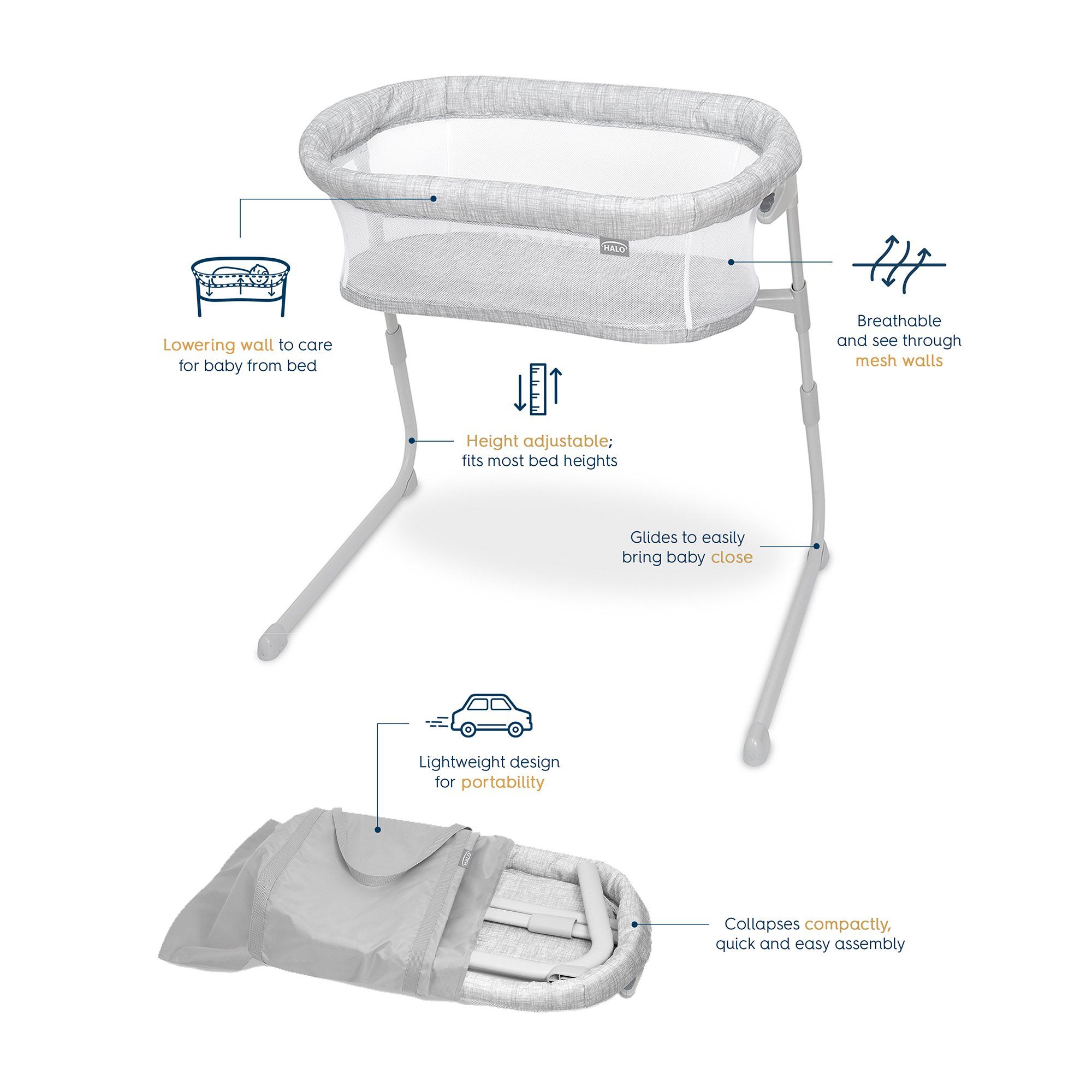 HALO Bassinest Flex Portable Bassinet (0 To 5 Months) - Heather Weave