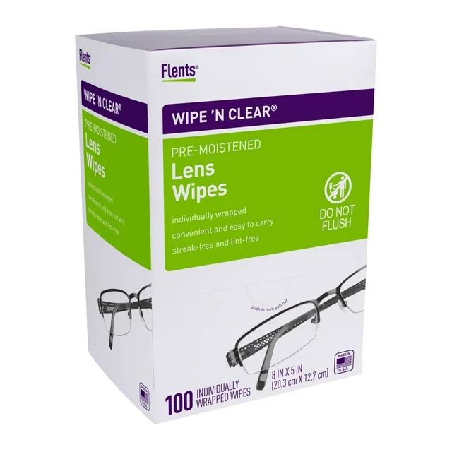 Flents Wipe 'N Clear Lens Cleaning Wipes, Anti-Streak & Fast Drying, 5"x 6" - 100 ct